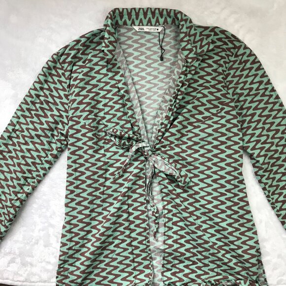 Zara Women's The Lissie Shirt Size Medium Swim Cover Up Tie Front Mint Brown NEW - Picture 10 of 12